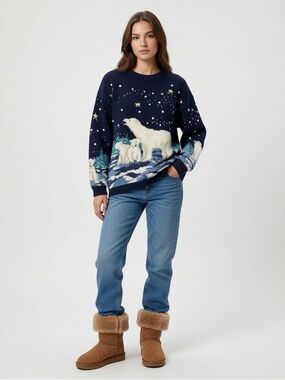 Design Options chunky knit sweater Wintery scenic starry night & polar bears
